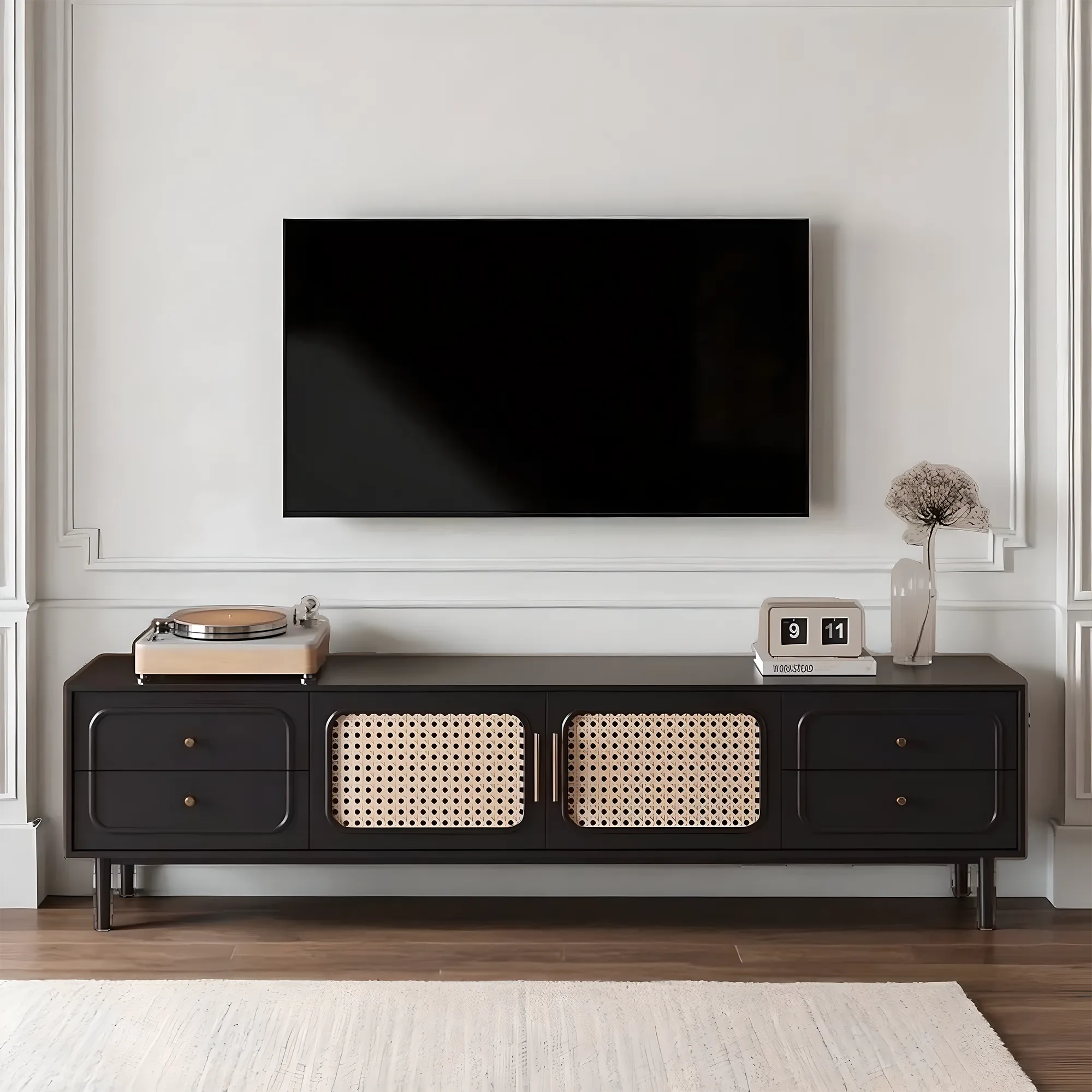 Modern, high-class solid wood TV shelf & tea table with rattan woven