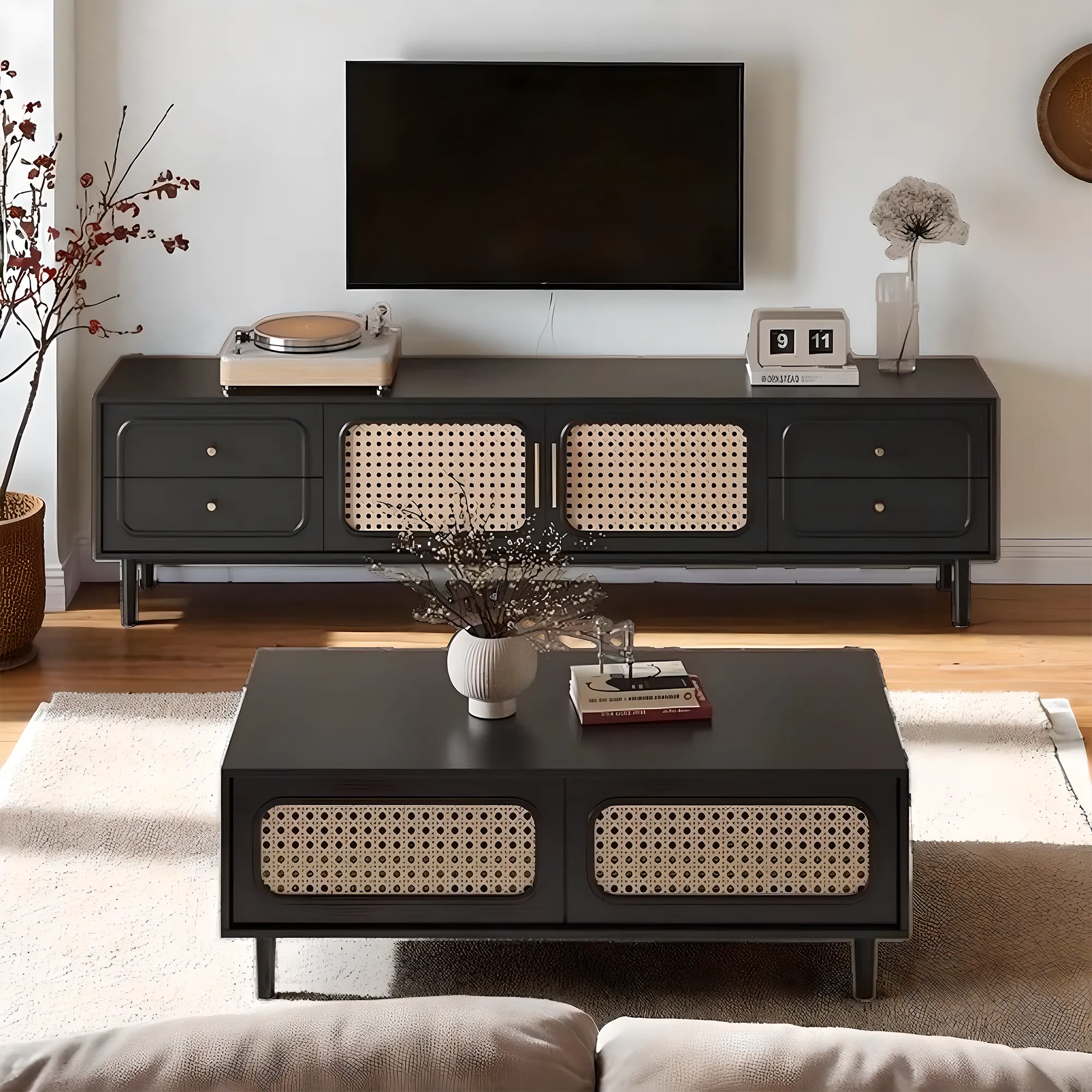 Modern, high-class solid wood TV shelf & tea table with rattan woven