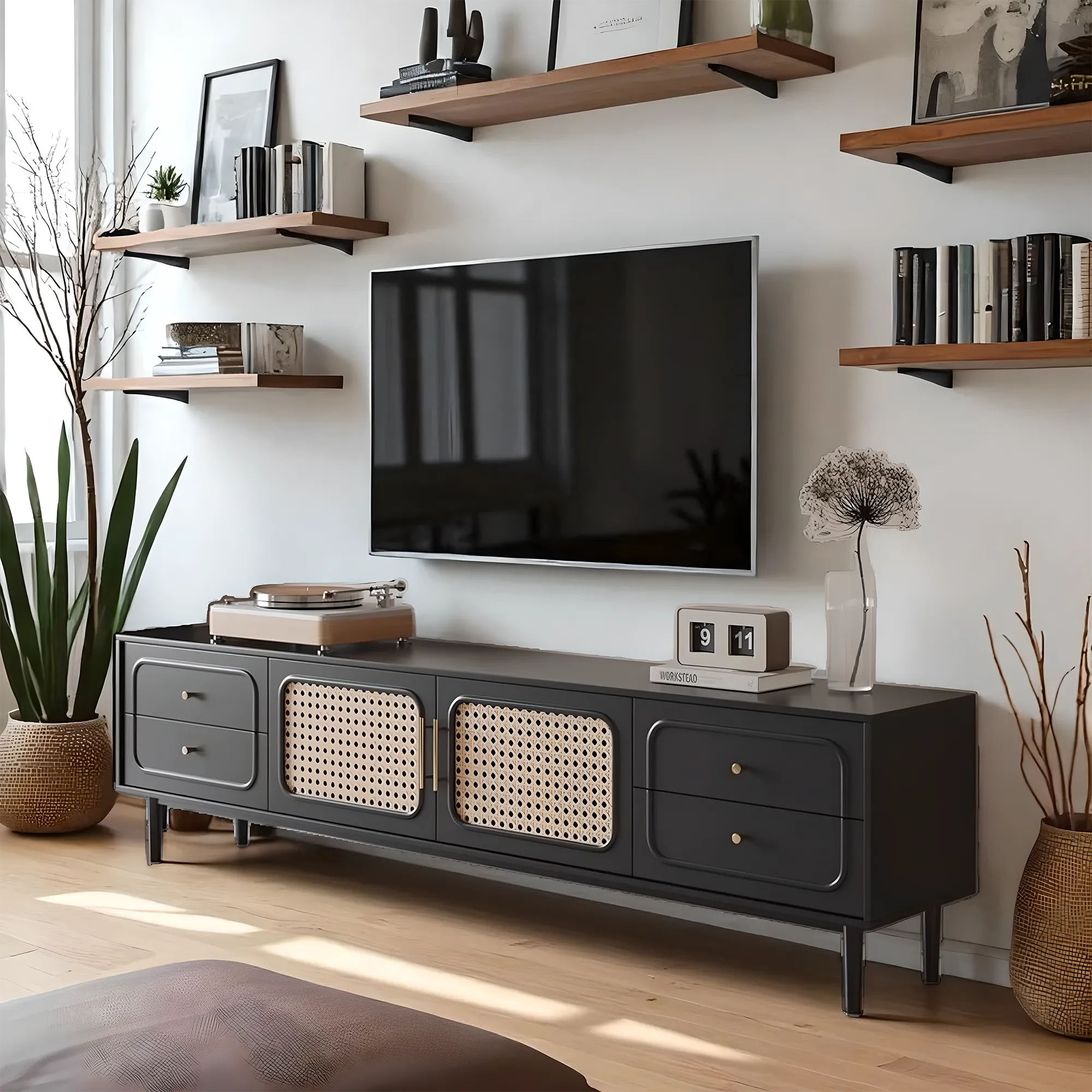 Modern, high-class solid wood TV shelf & tea table with rattan woven