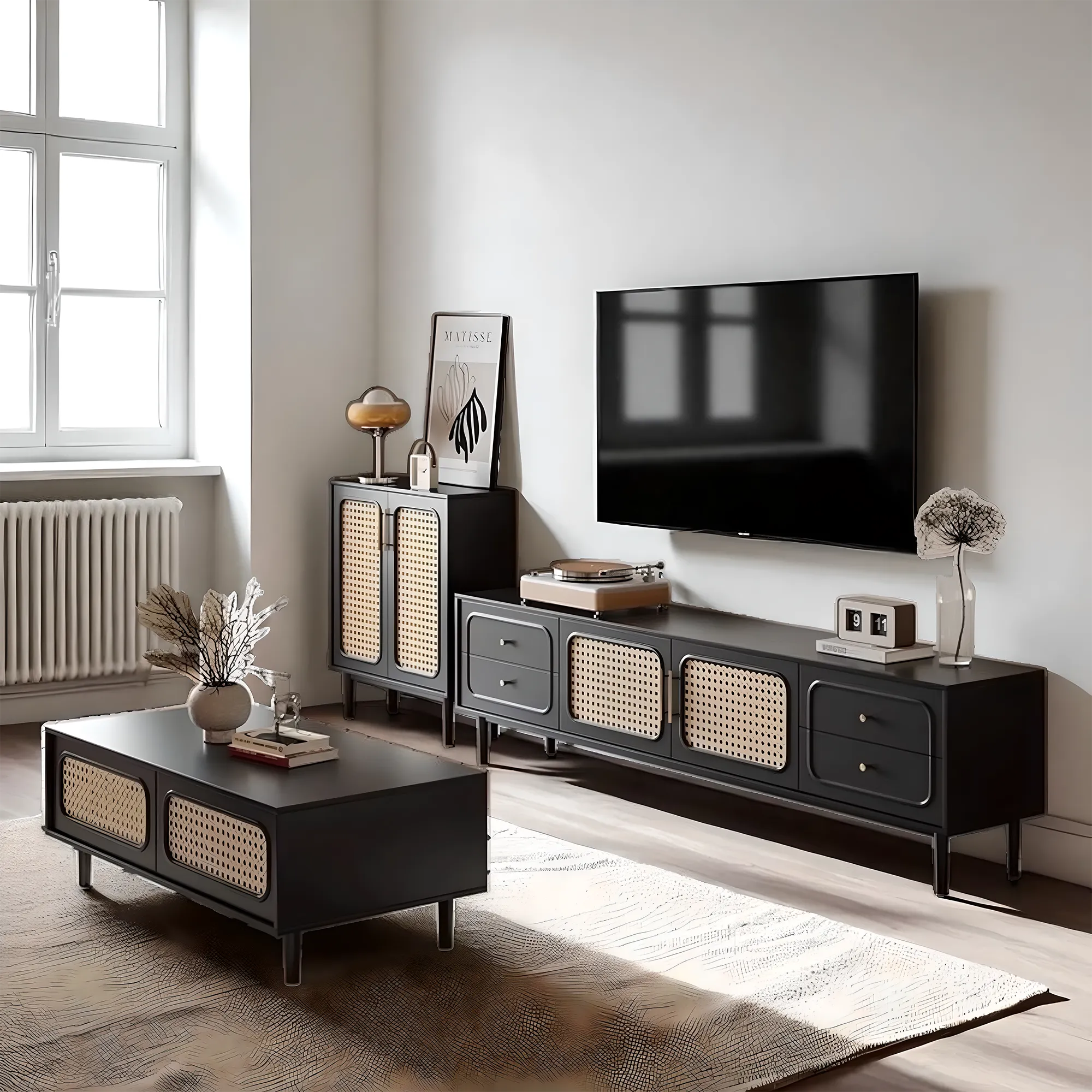Modern, high-class solid wood TV shelf & tea table with rattan woven
