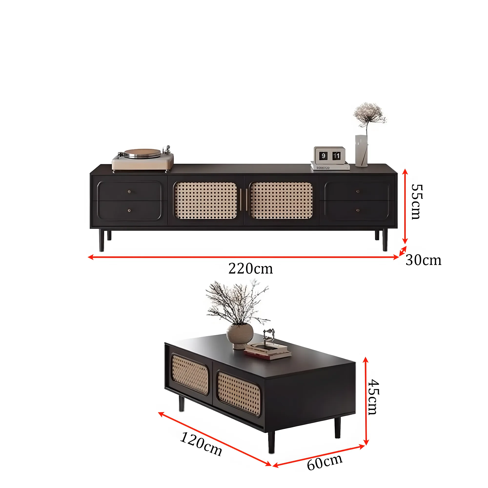 Modern, high-class solid wood TV shelf & tea table with rattan woven