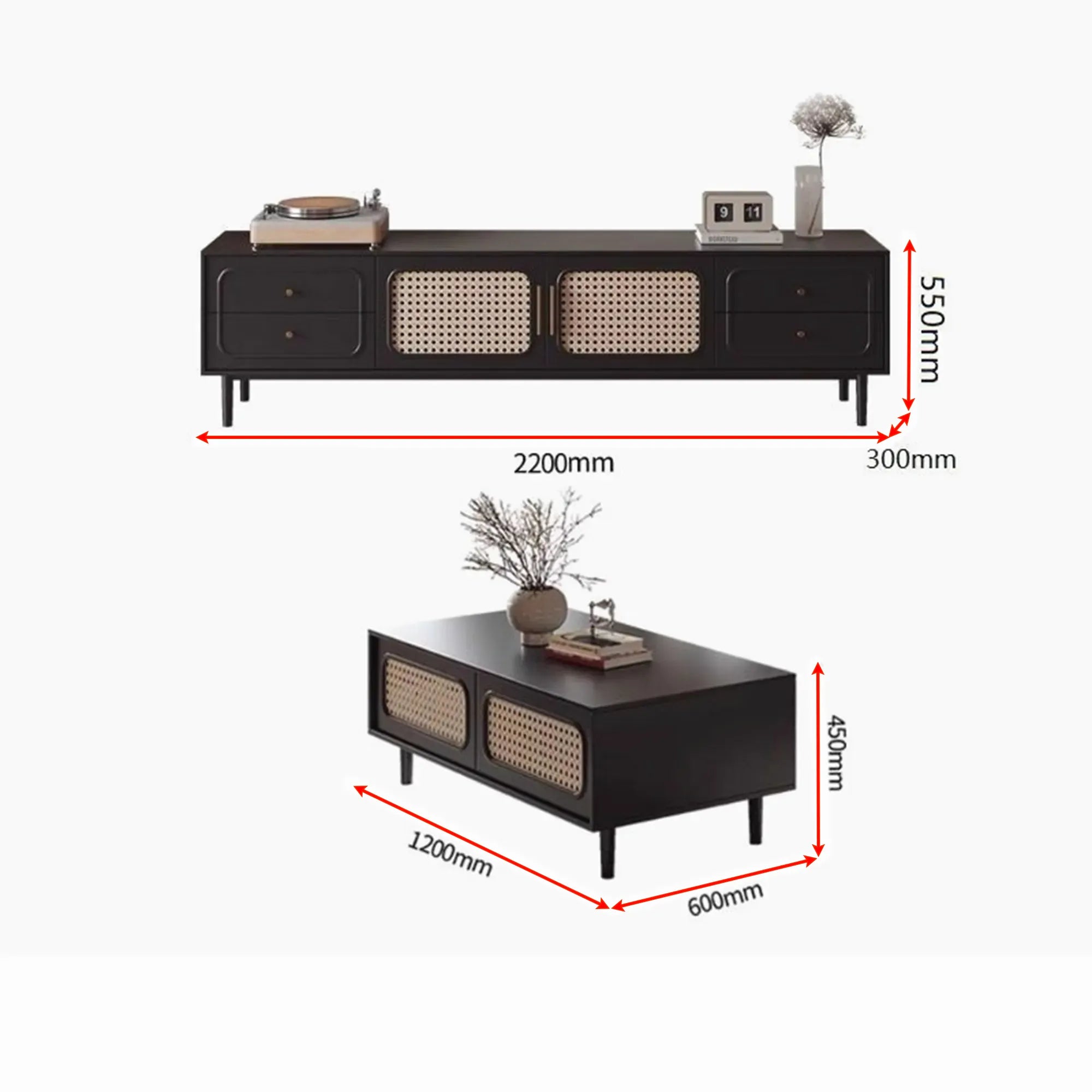 Modern, high-class solid wood TV shelf & tea table with rattan woven