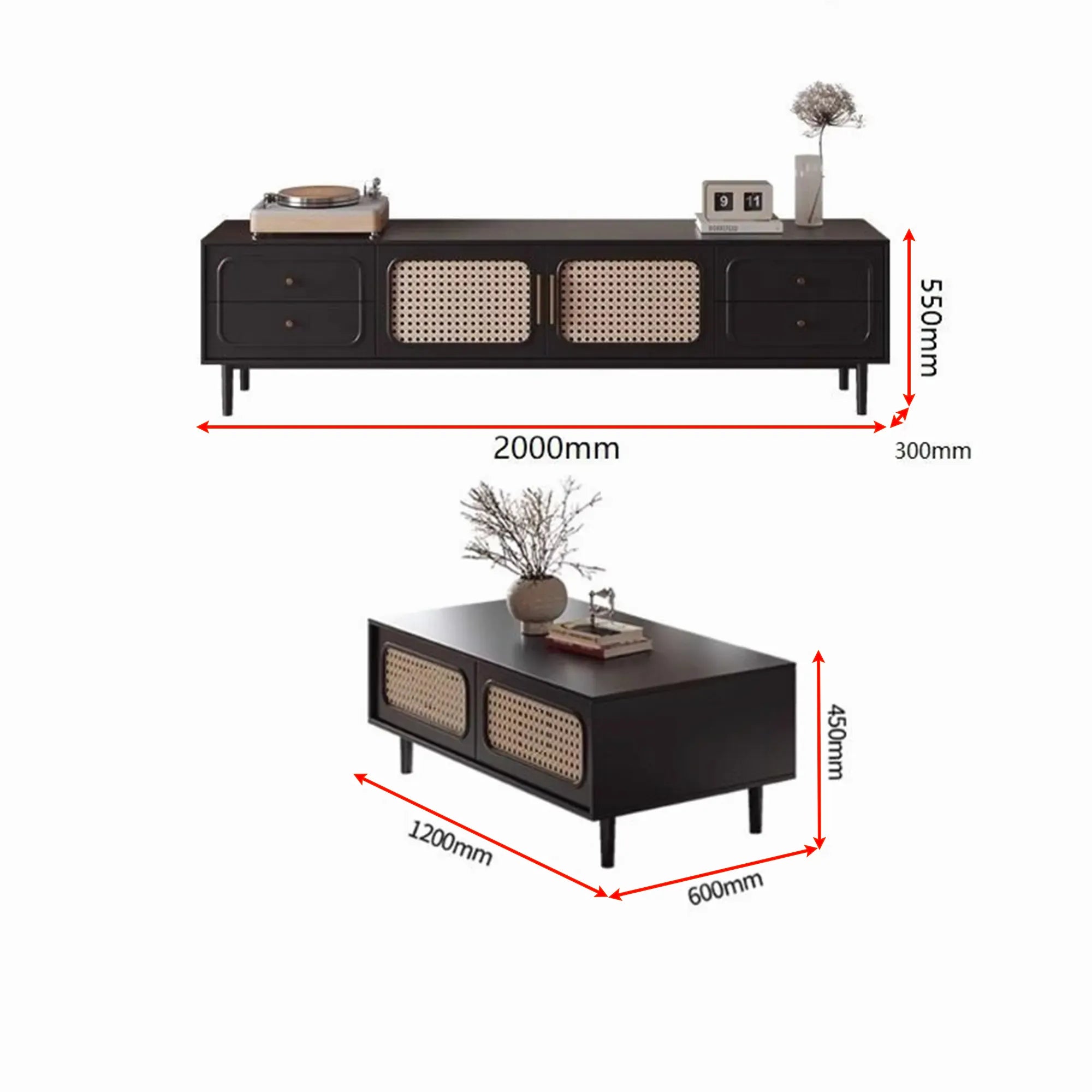 Modern, high-class solid wood TV shelf & tea table with rattan woven