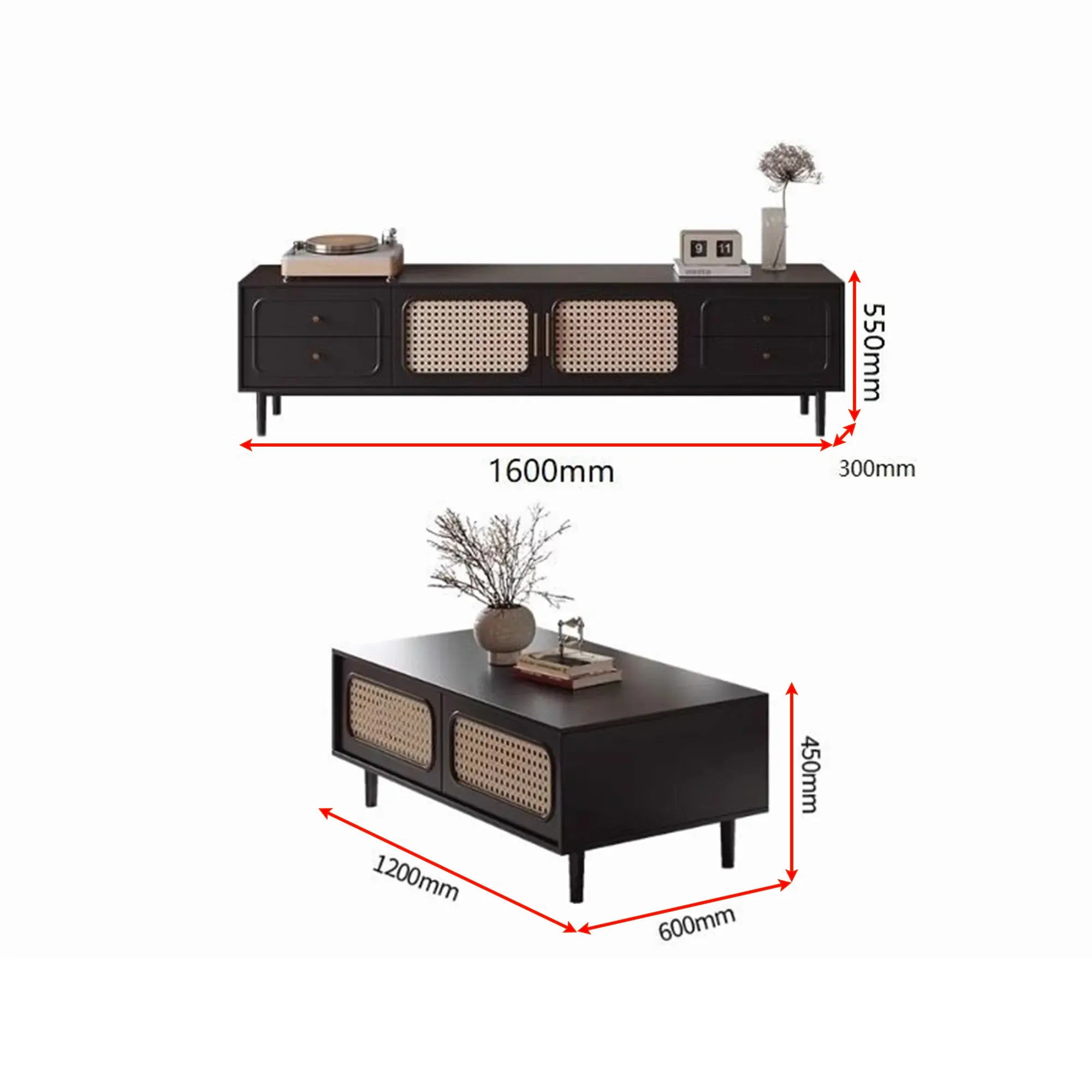 Modern, high-class solid wood TV shelf & tea table with rattan woven