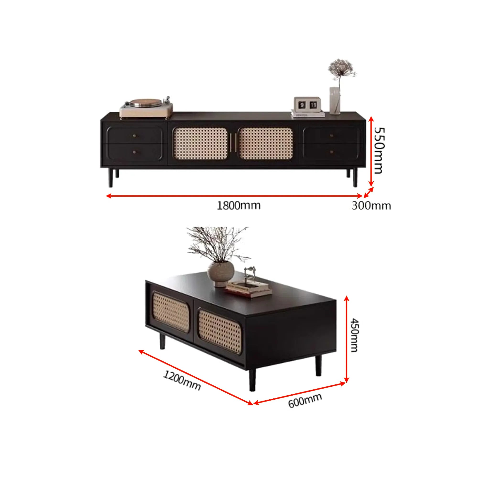 Modern, high-class solid wood TV shelf & tea table with rattan woven