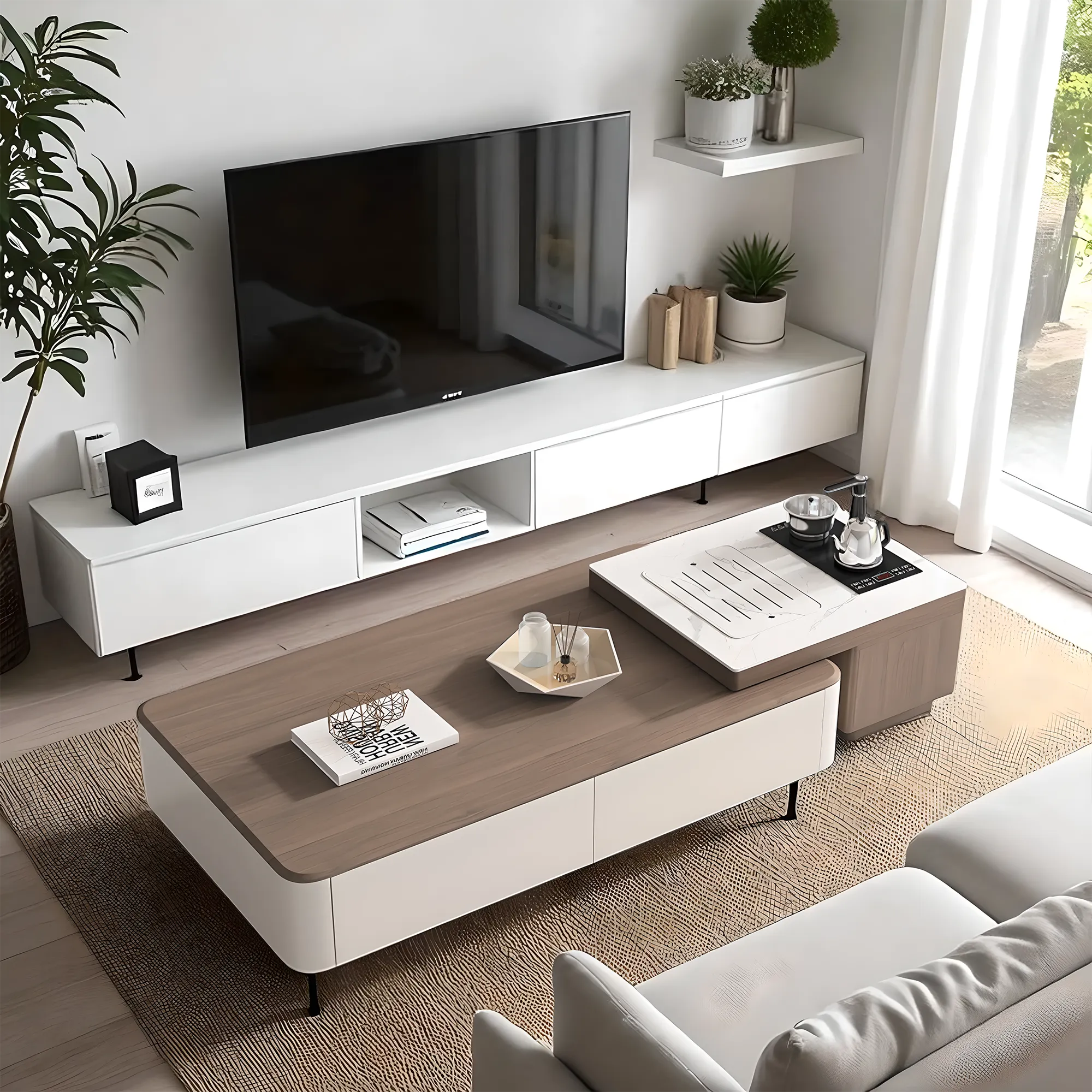 Modern wooden tea table and TV shelf with convenient drawers