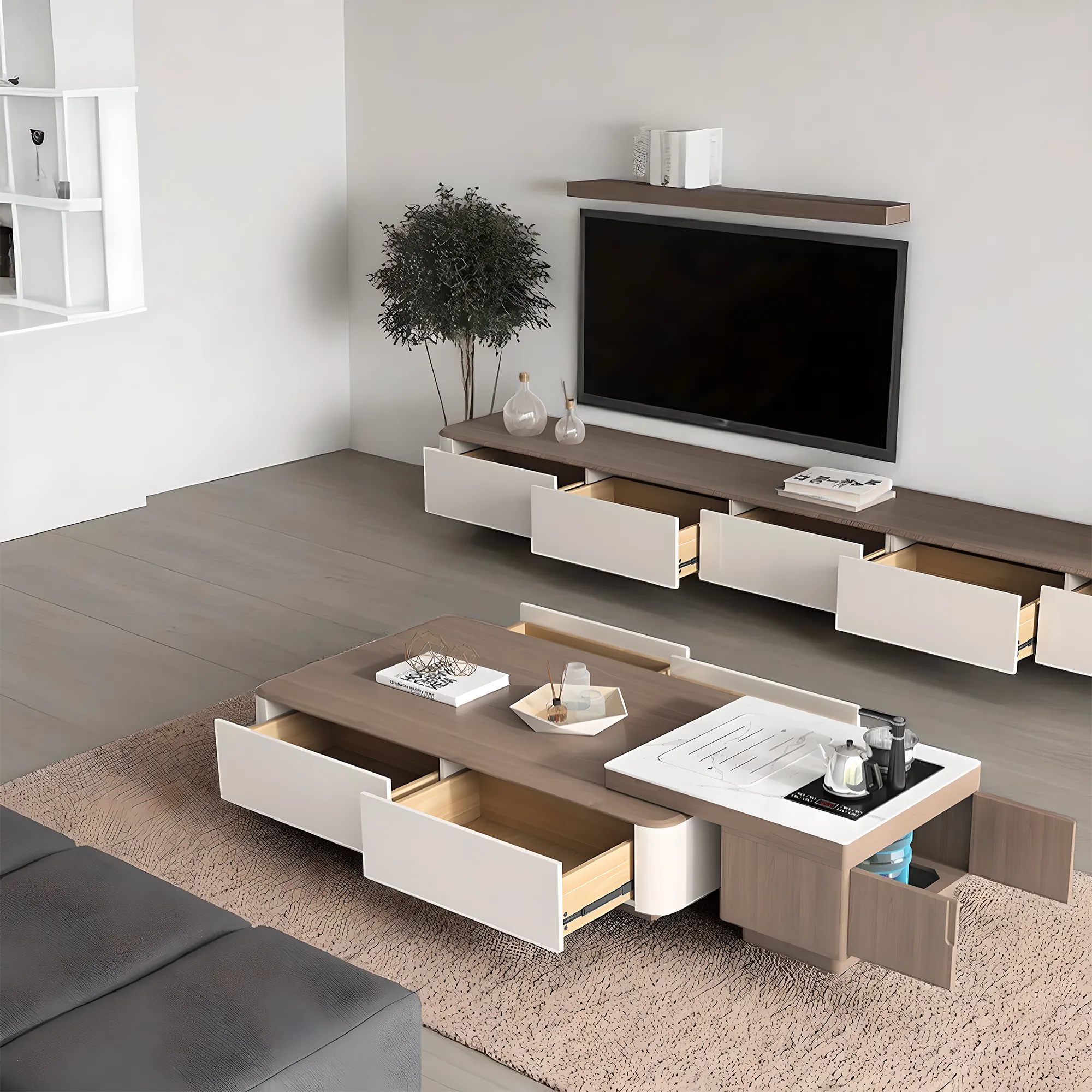 Modern wooden tea table and TV shelf with convenient drawers