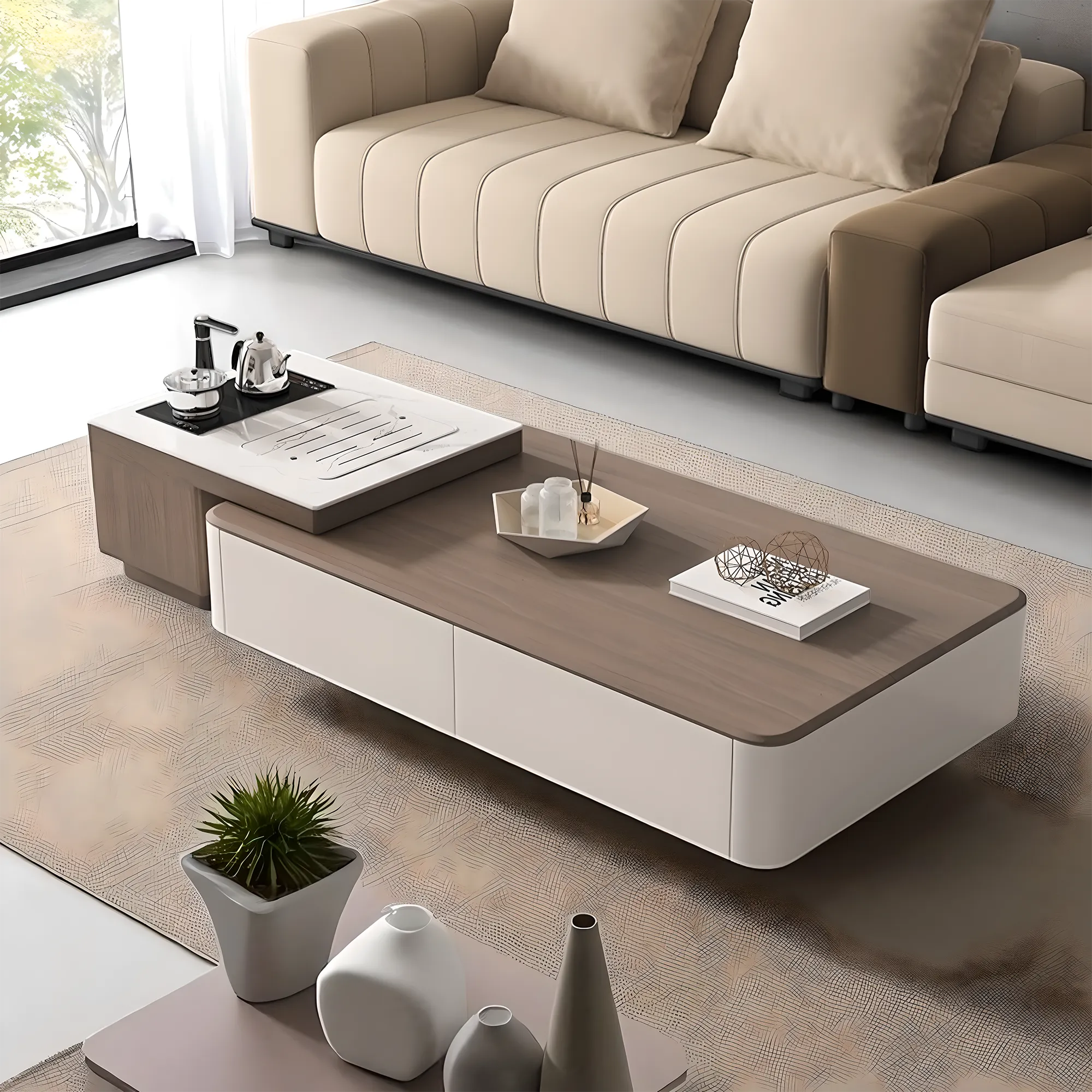 Modern wooden tea table and TV shelf with convenient drawers