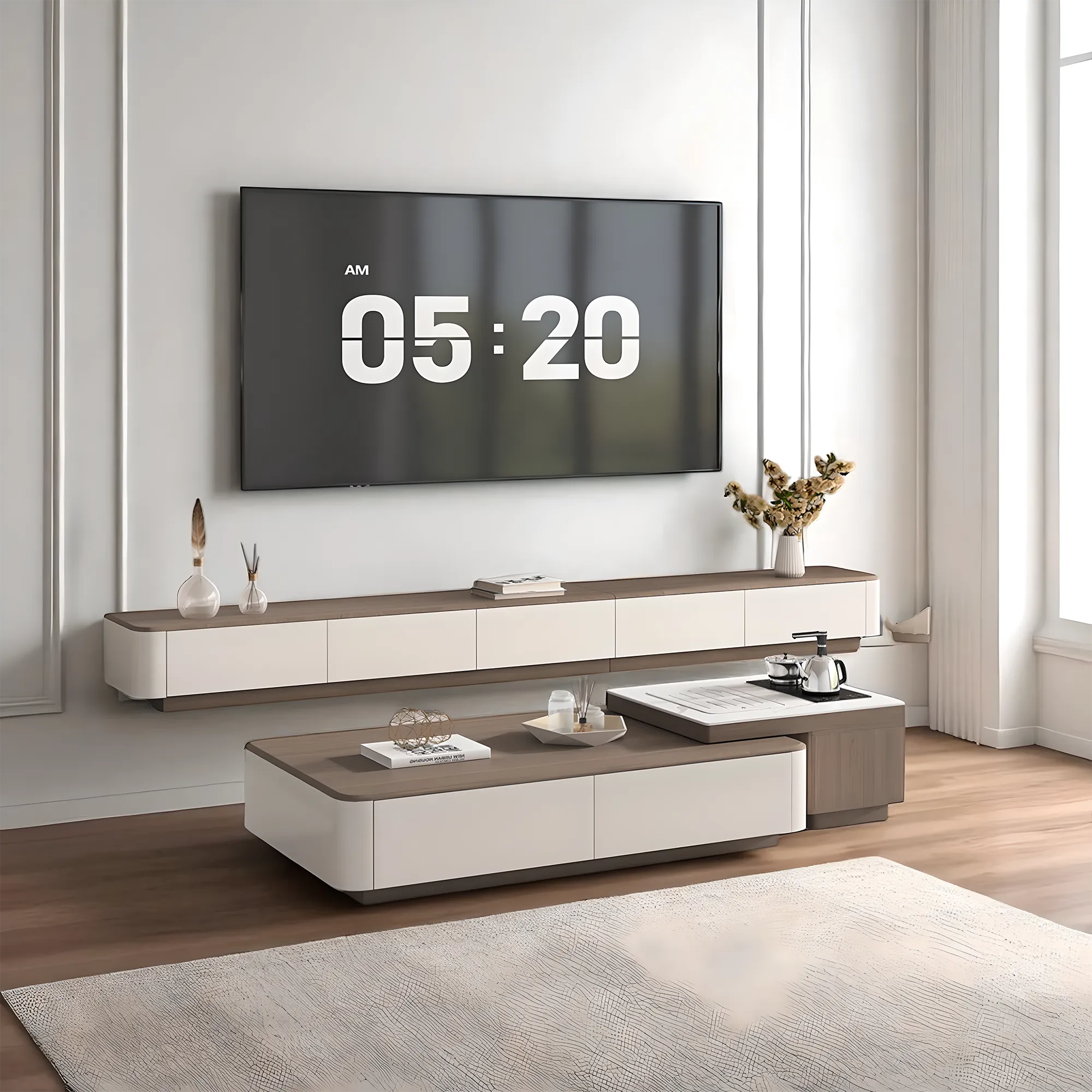 Modern wooden tea table and TV shelf with convenient drawers