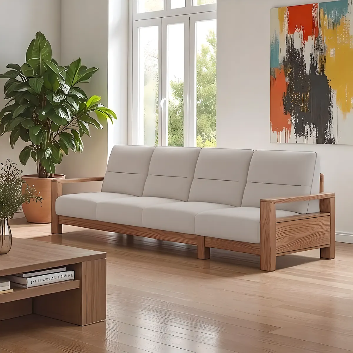 Natural Ash Wood Sofa Covered with High-Quality Fabric – Modern Minimalist Design