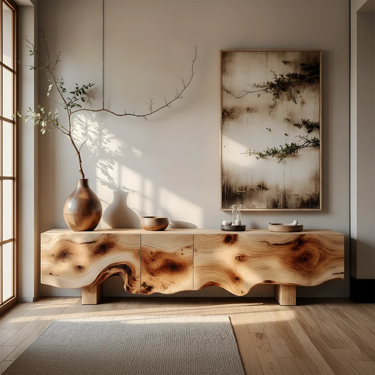 Natural Burl Flow Solid Wood TV Console – Wabi Sabi Organic Design - Rustira