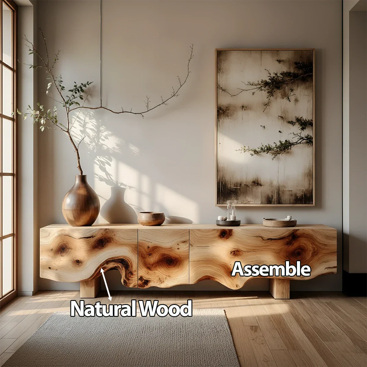 Natural Burl Flow Solid Wood TV Console – Wabi Sabi Organic Design - Rustira