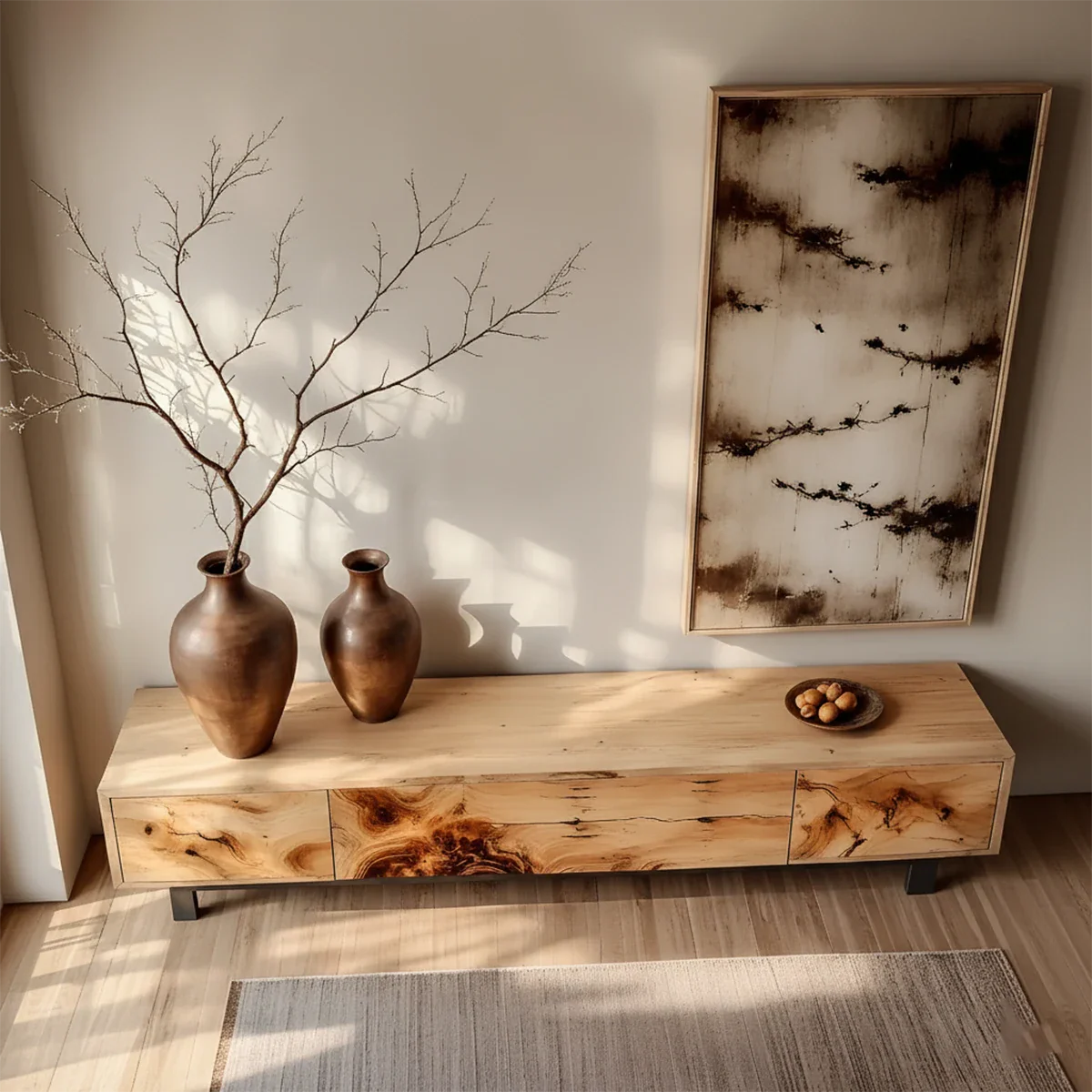 Natural Burl Grain Solid Wood TV Stand – Japandi Art Console - Rustira