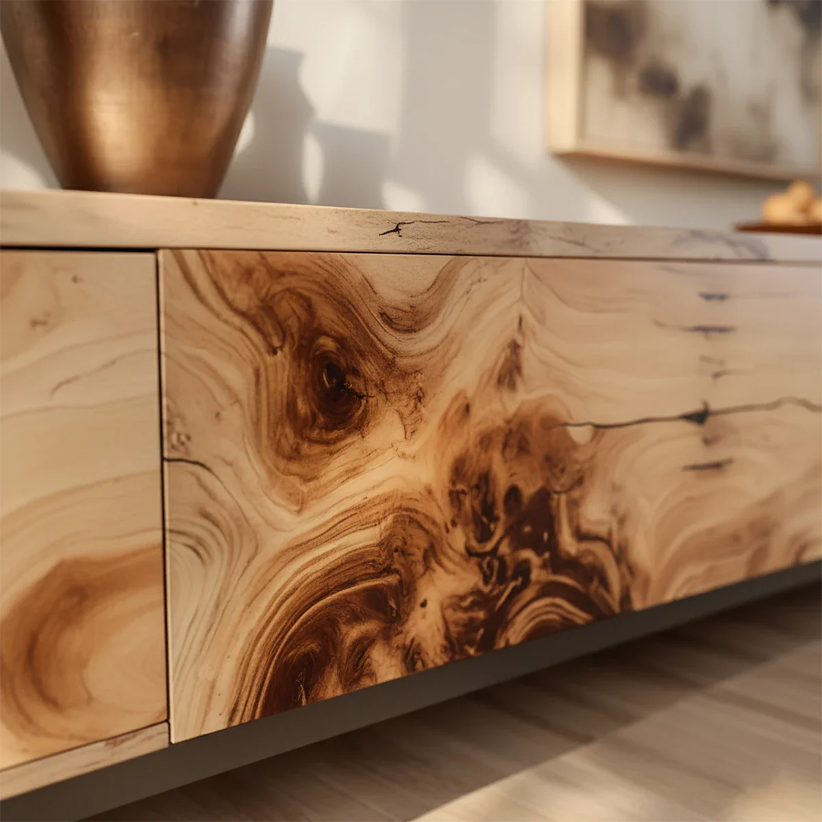 Natural Burl Grain Solid Wood TV Stand – Japandi Art Console - Rustira