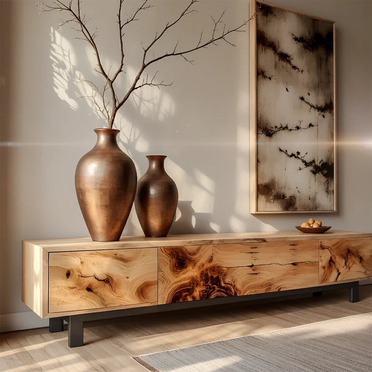 Natural Burl Grain Solid Wood TV Stand – Japandi Art Console - Rustira