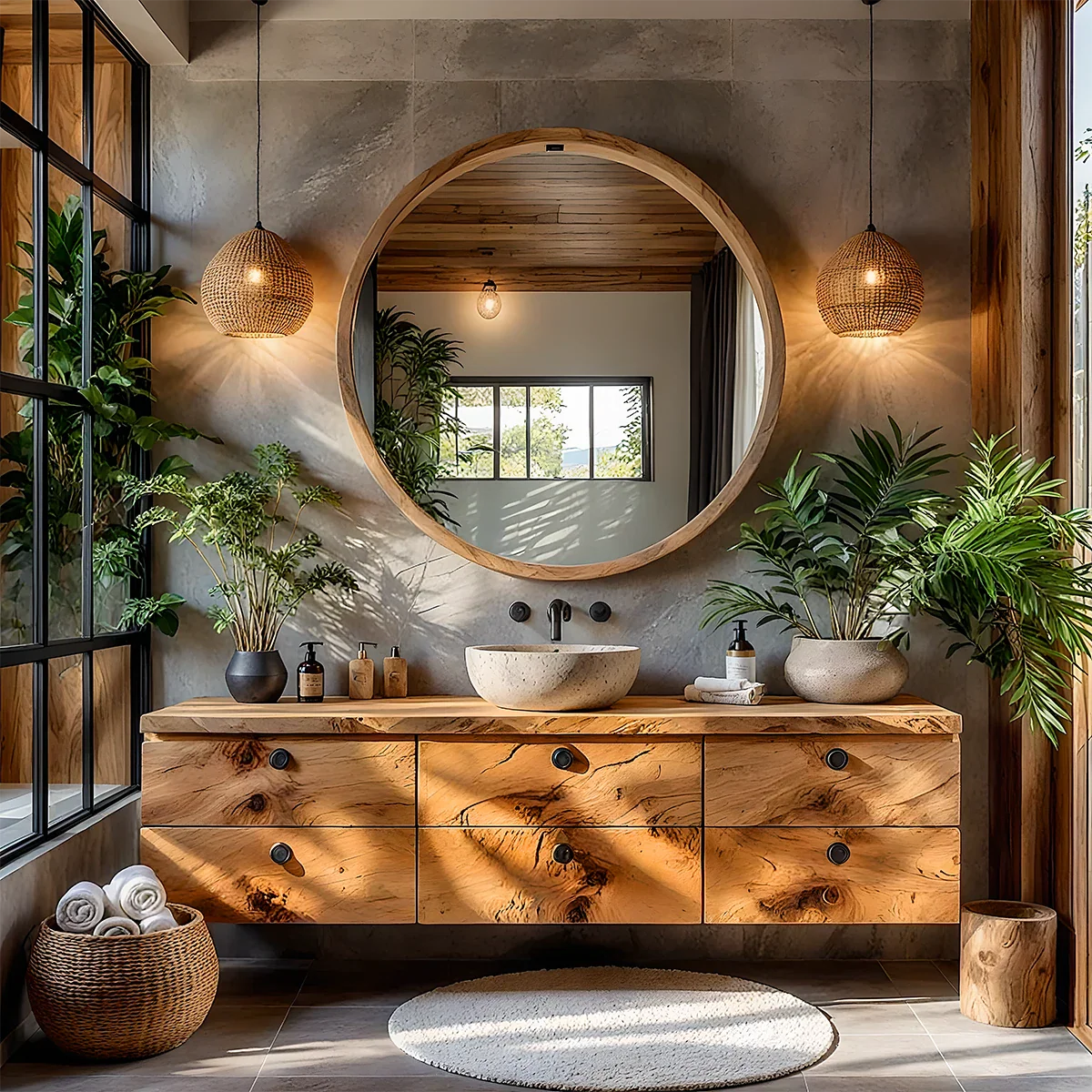 Natural Knotted Wood Floating Vanity with Round Mirror - Rustira