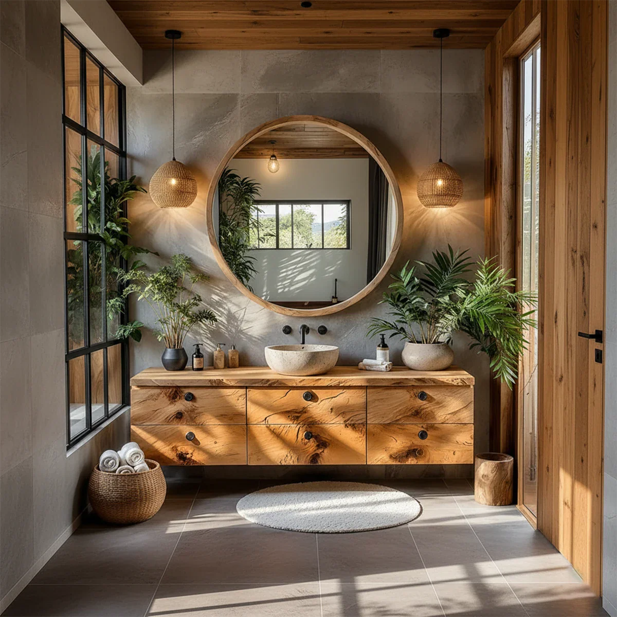 Natural Knotted Wood Floating Vanity with Round Mirror - Rustira