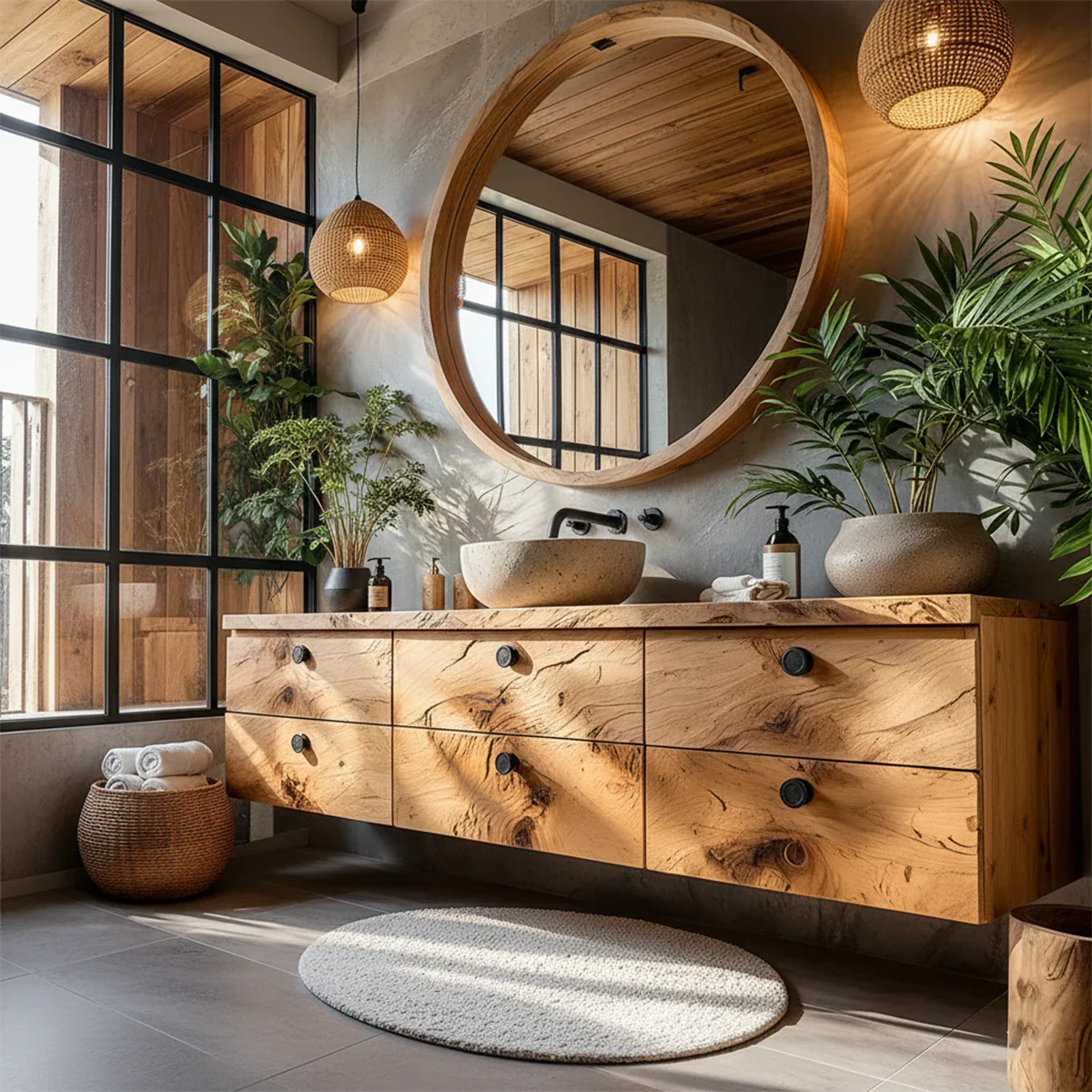 Natural Knotted Wood Floating Vanity with Round Mirror - Rustira