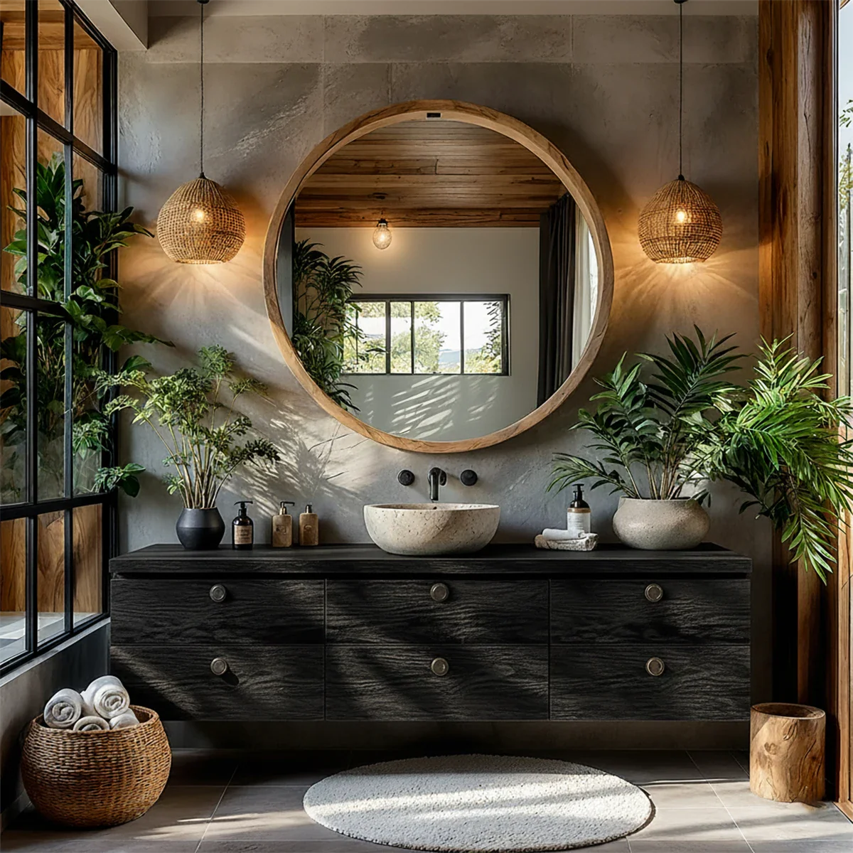 Natural Knotted Wood Floating Vanity with Round Mirror - Rustira