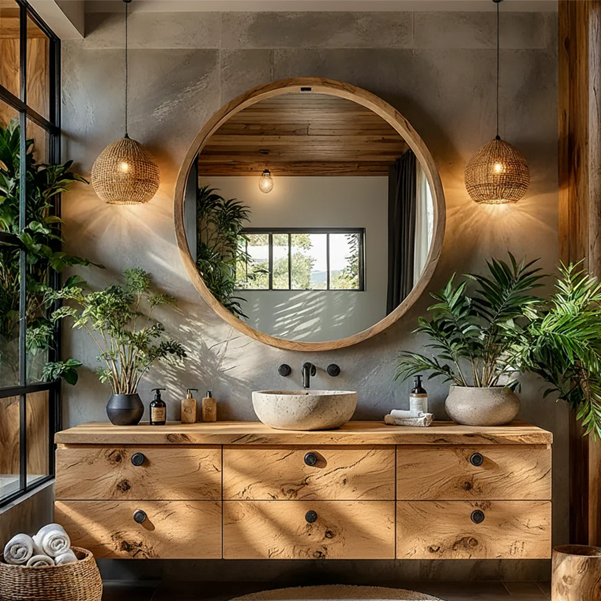 Natural Knotted Wood Floating Vanity with Round Mirror - Rustira