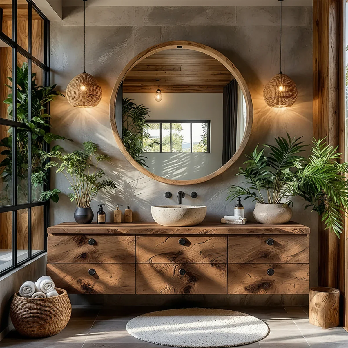 Natural Knotted Wood Floating Vanity with Round Mirror - Rustira