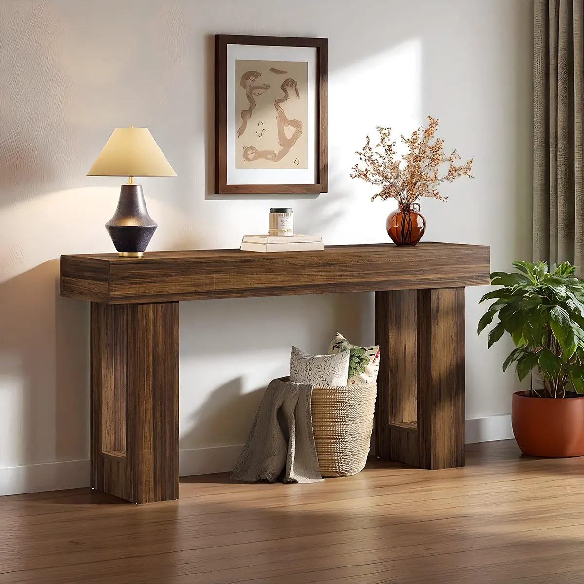 Natural Oak Console Table – Minimalist Design, 63″ x 14″ x 34″