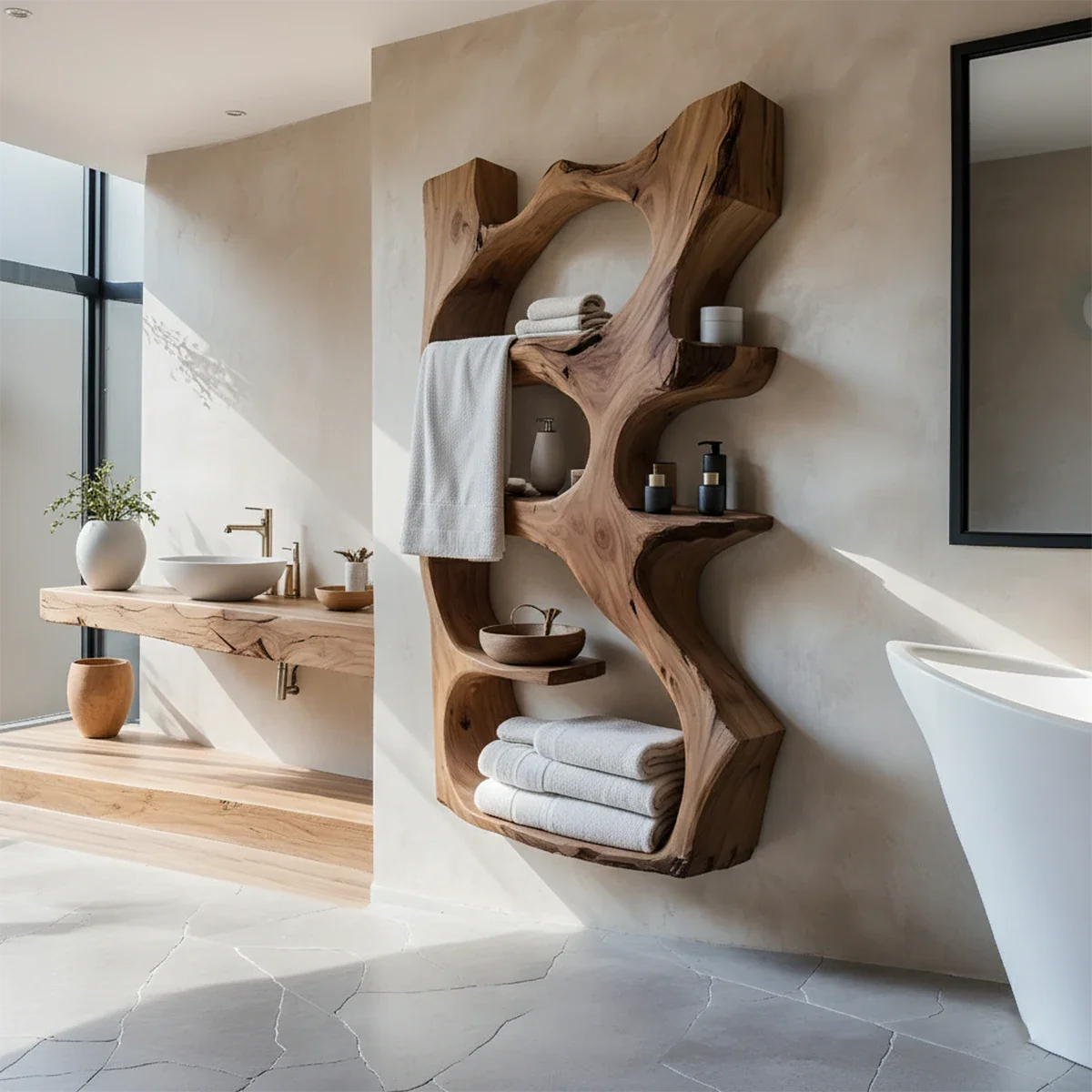 Organic Solid Wood Floating Bathroom Shelf — Sculpted Live Edge - Rustira