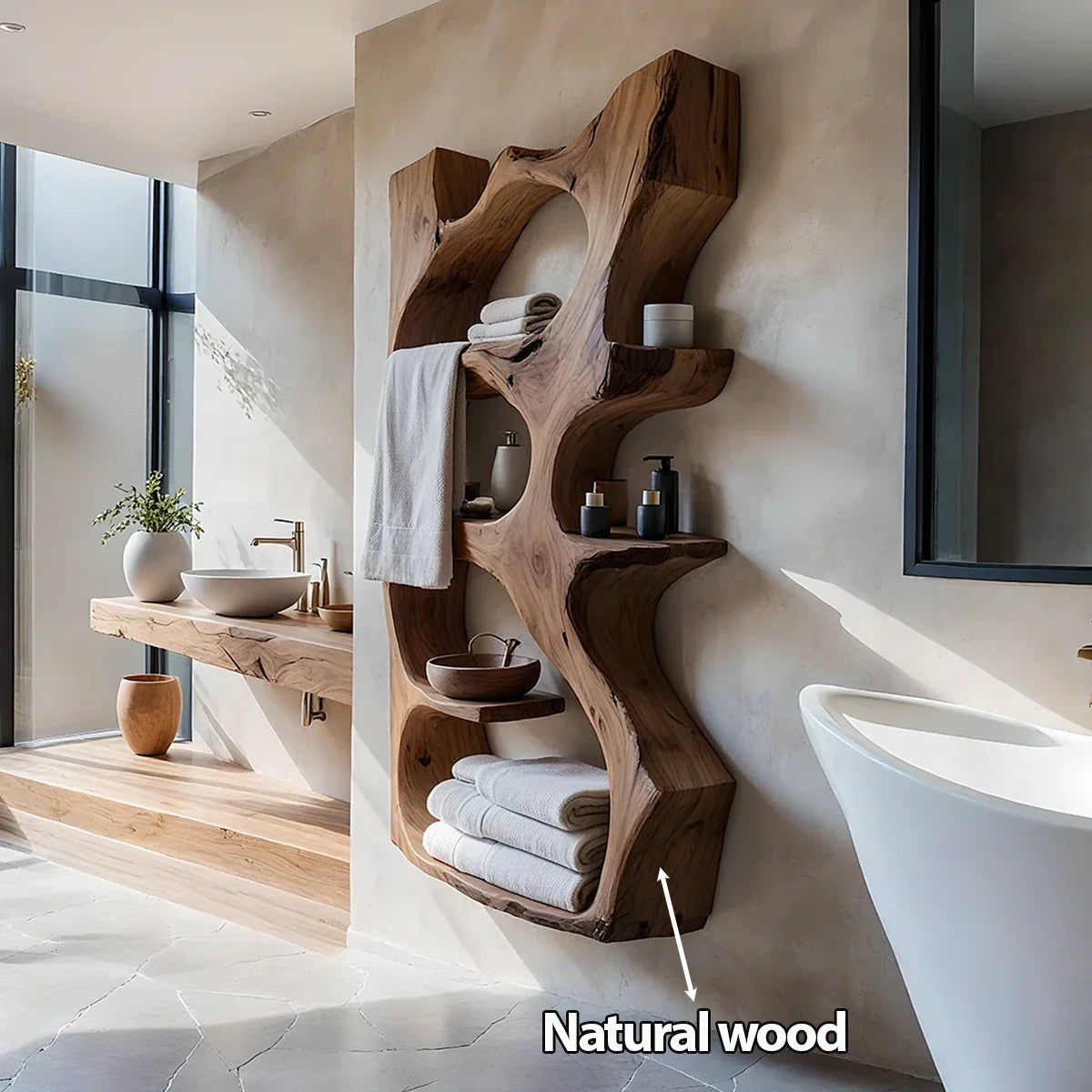 Organic Solid Wood Floating Bathroom Shelf — Sculpted Live Edge - Rustira