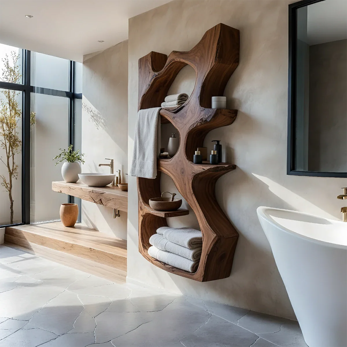 Organic Solid Wood Floating Bathroom Shelf — Sculpted Live Edge - Rustira