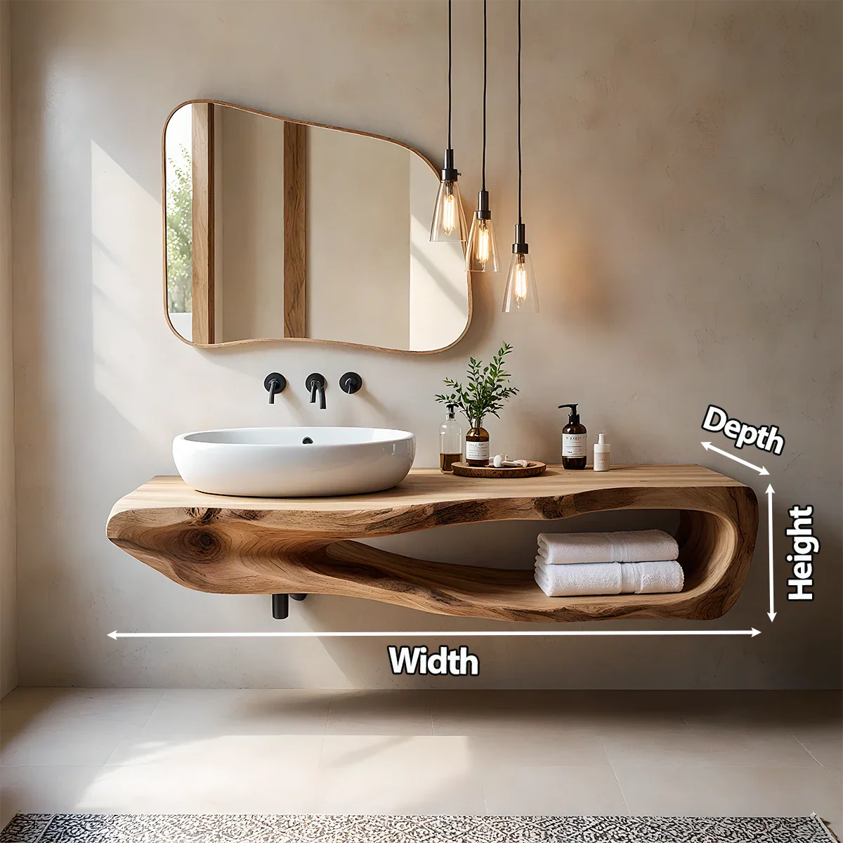 Organic Solid Wood Floating Bathroom Vanity With Open Shelf - Rustira