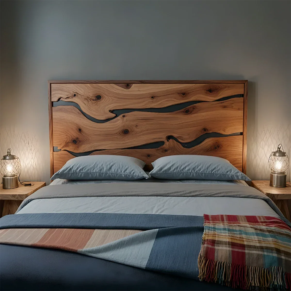 Natural Solid Wood Headboard — Handcrafted Live-Edge Wave Design - Rustirawood