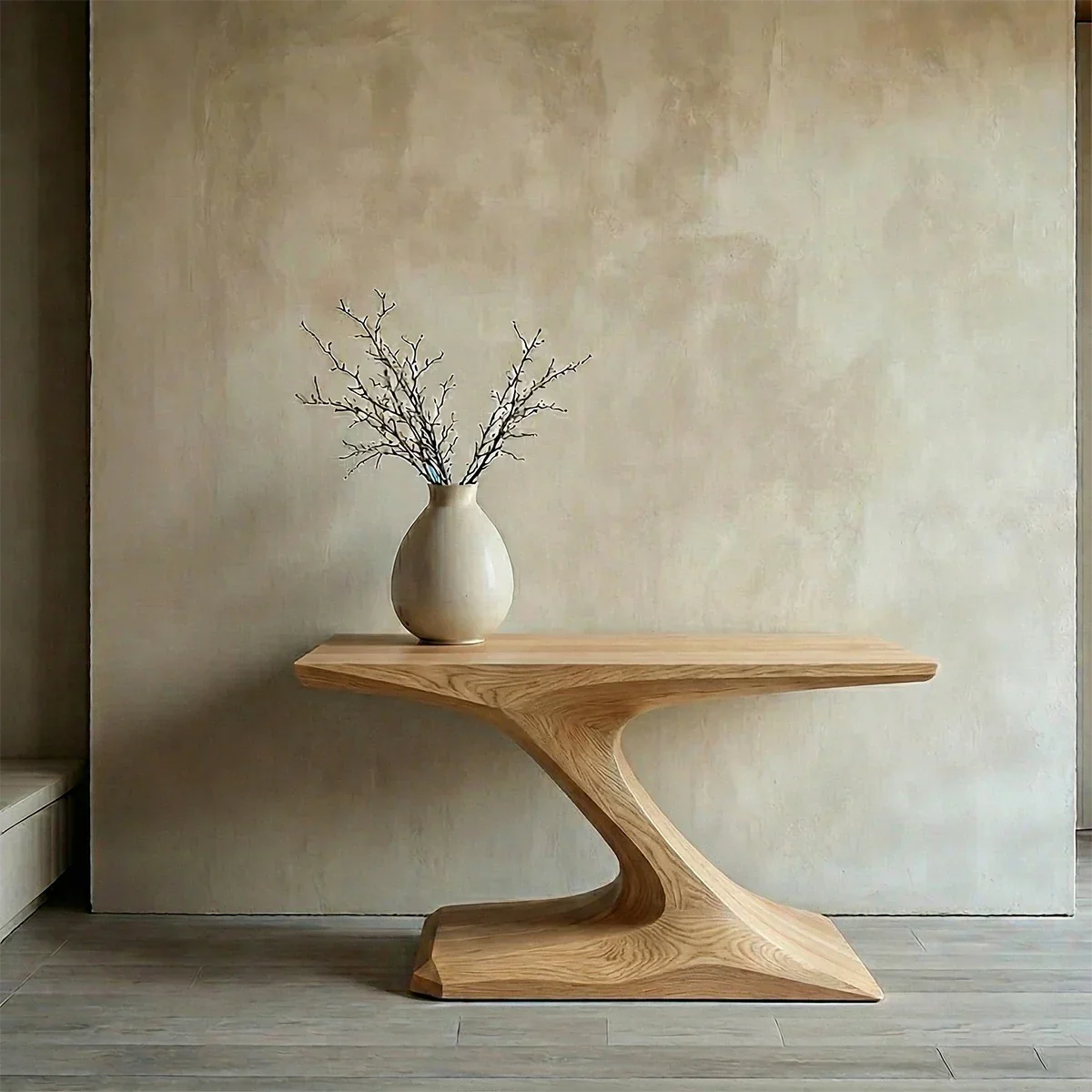 Natural Solid Wood Japandi Sculptural Console Table - Rustirawood