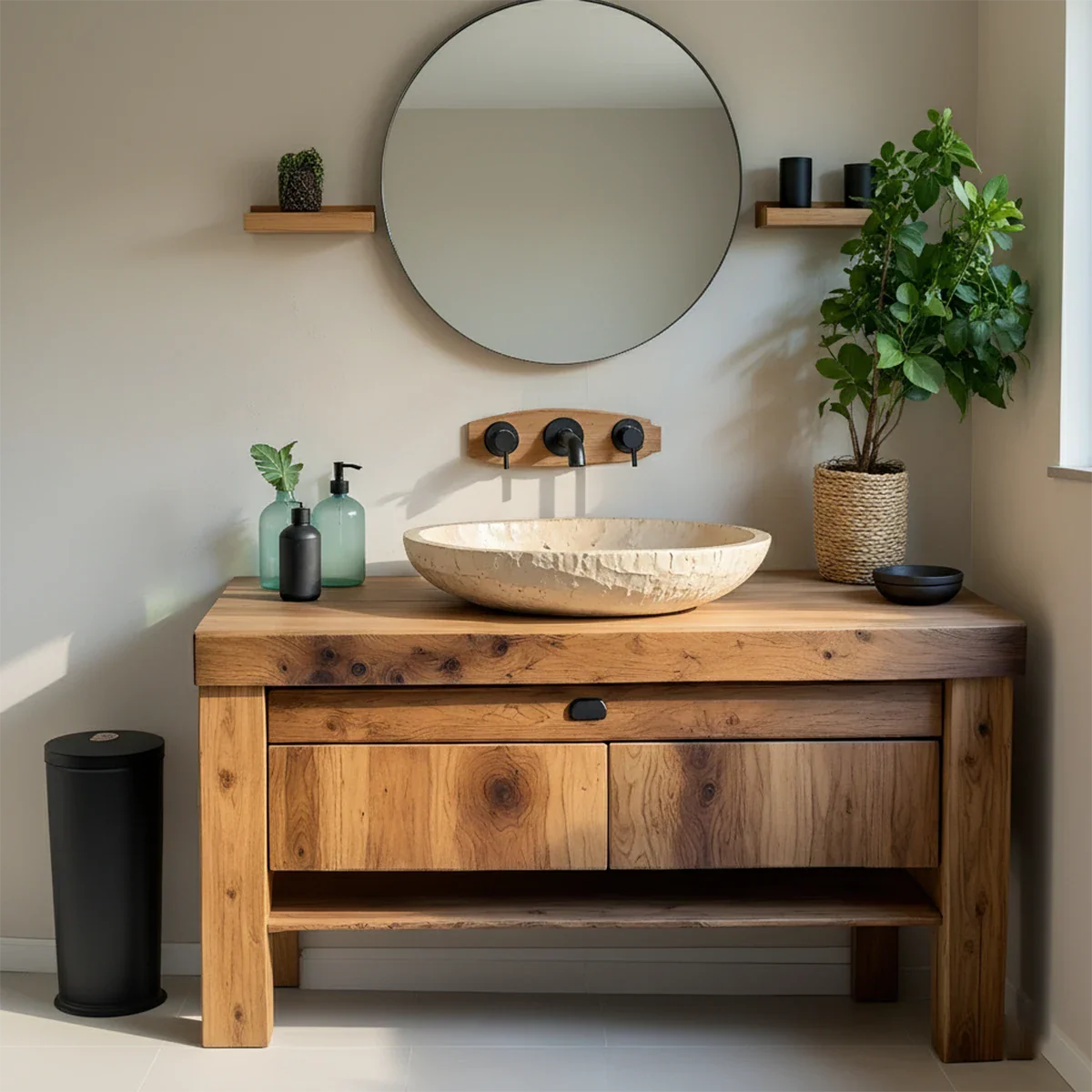 Natural Solid Wood Vanity with Carved Stone Basin - Rustira