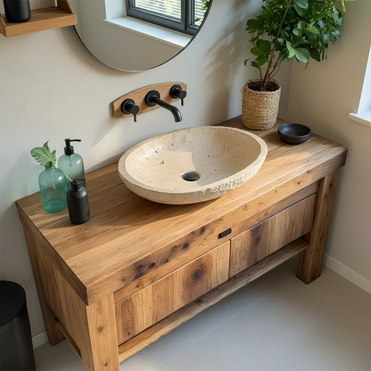 Natural Solid Wood Vanity with Carved Stone Basin - Rustira