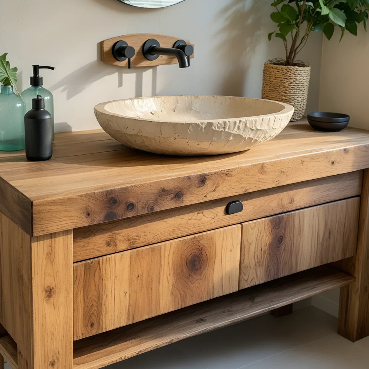 Natural Solid Wood Vanity with Carved Stone Basin - Rustira