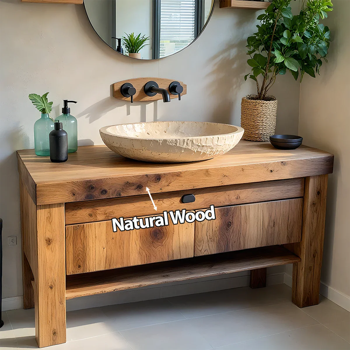 Natural Solid Wood Vanity with Carved Stone Basin - Rustira
