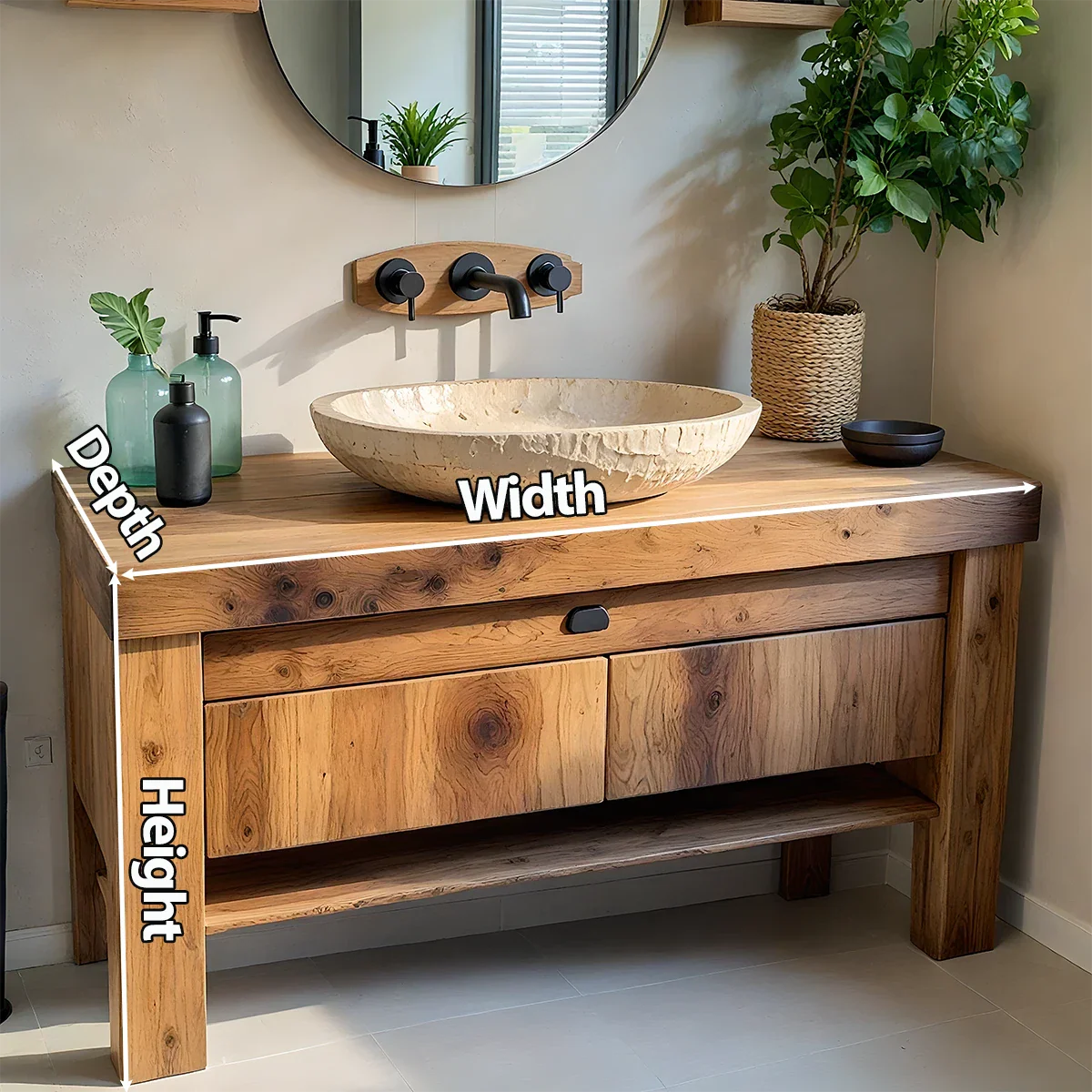 Natural Solid Wood Vanity with Carved Stone Basin - Rustira