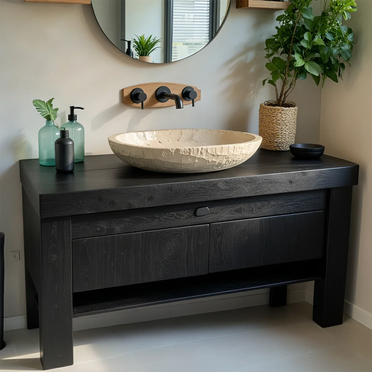 Natural Solid Wood Vanity with Carved Stone Basin - Rustira