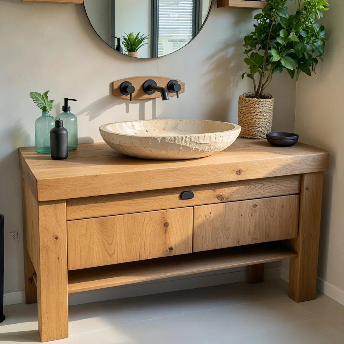 Natural Solid Wood Vanity with Carved Stone Basin - Rustira