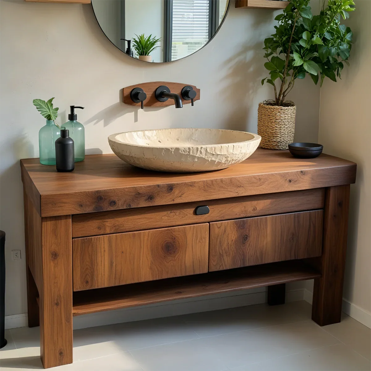 Natural Solid Wood Vanity with Carved Stone Basin - Rustira