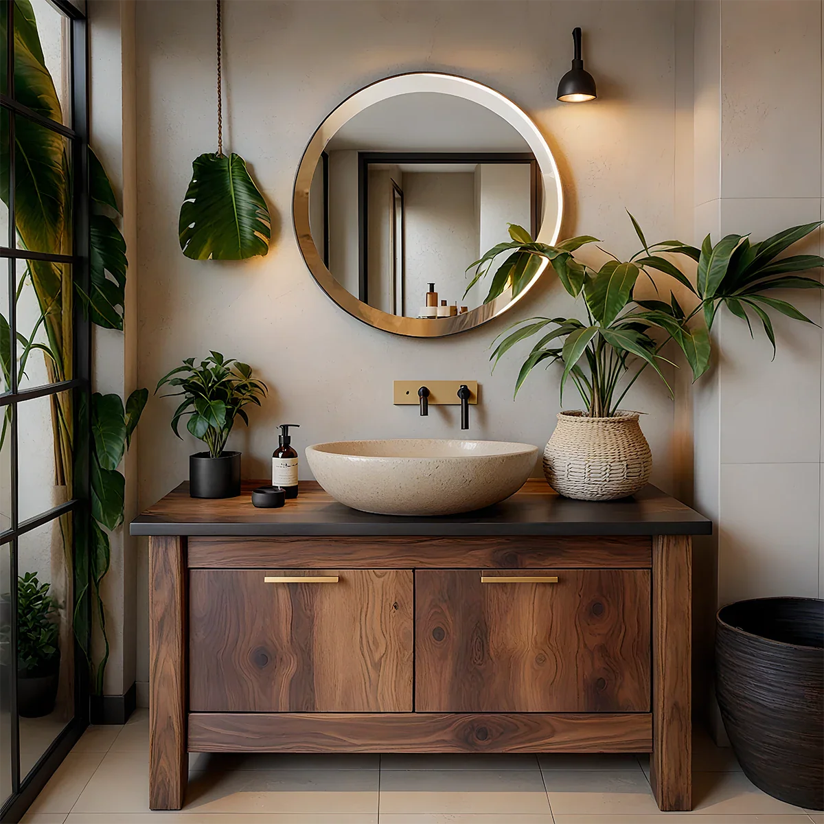 Natural Solid Wood Vanity with Brass Handles & Stone Basin - Rustira