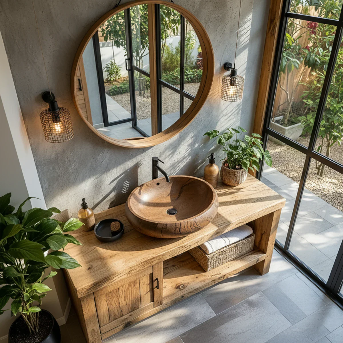 Natural Solid Wood Vanity with Door Cabinet & Open Shelf - Rustira