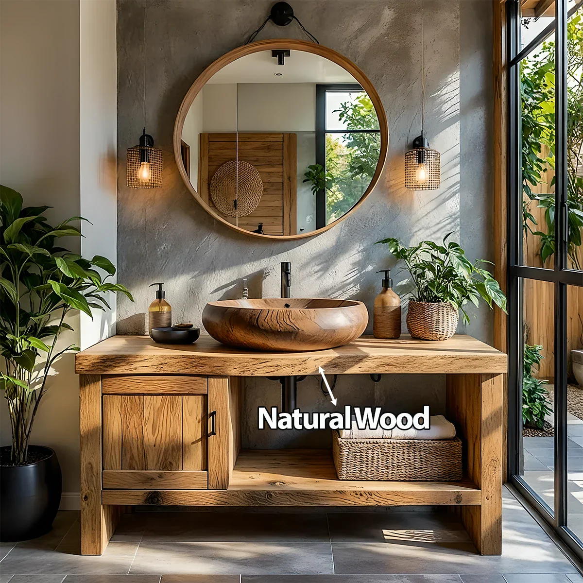 Natural Solid Wood Vanity with Door Cabinet & Open Shelf - Rustira