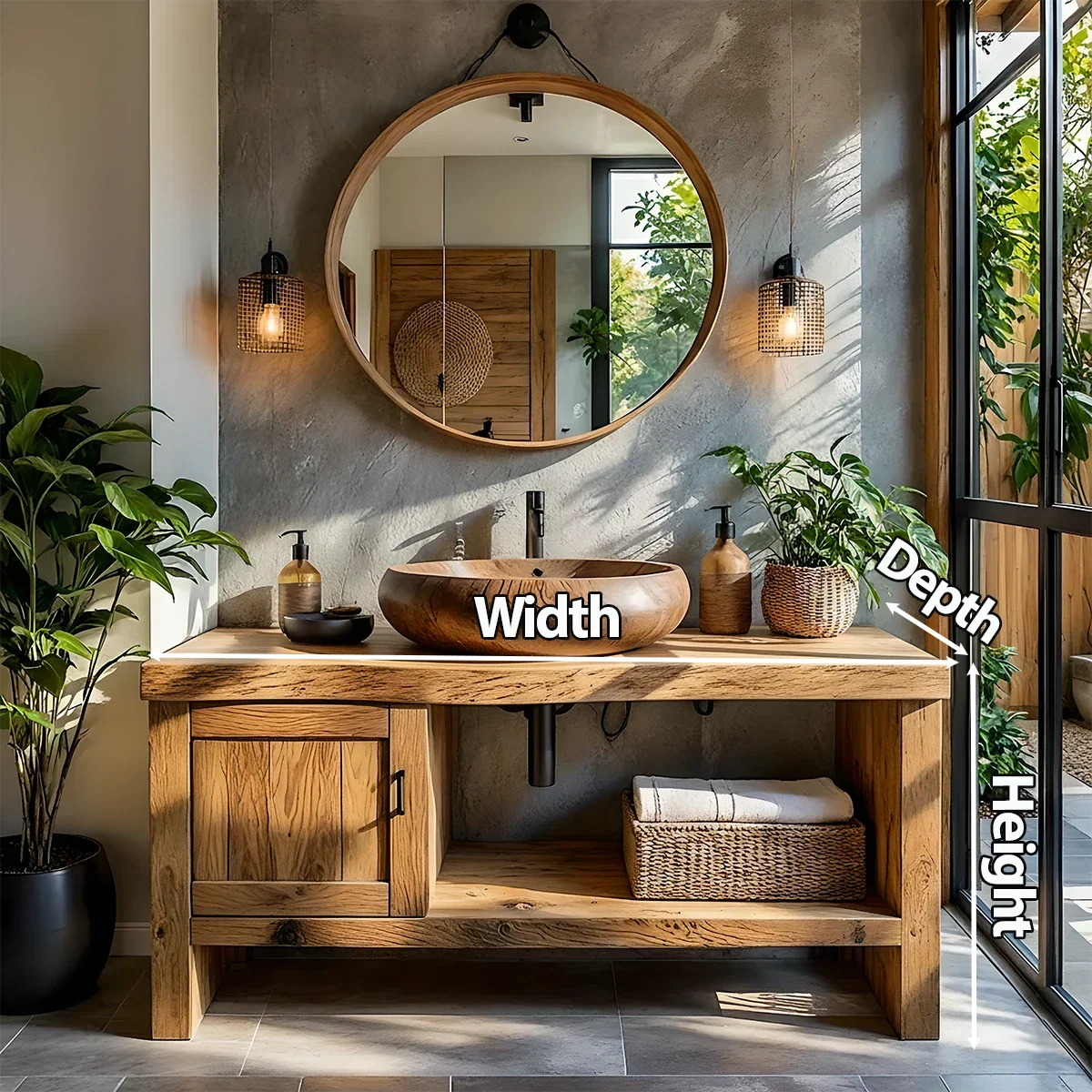 Natural Solid Wood Vanity with Door Cabinet & Open Shelf - Rustira