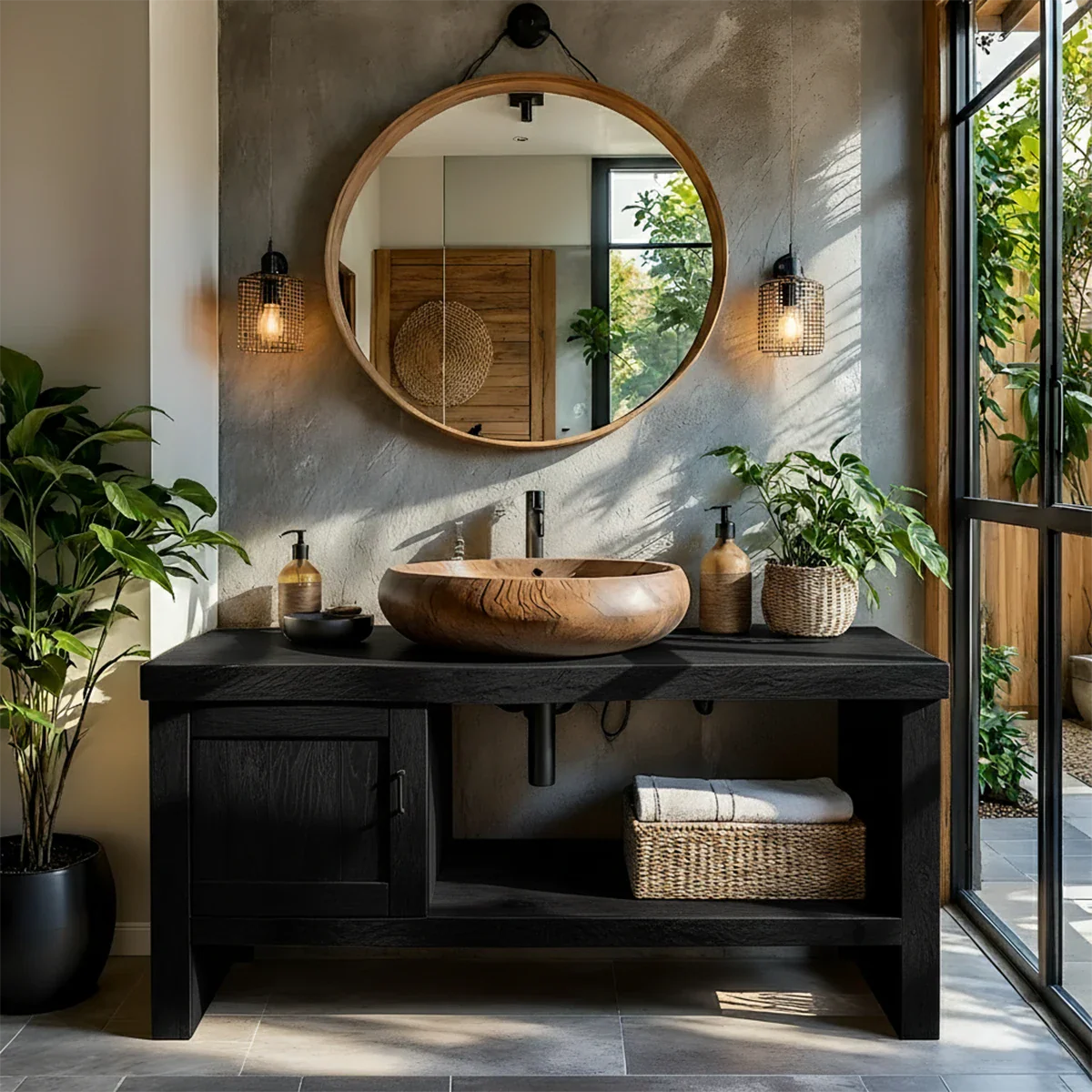 Natural Solid Wood Vanity with Door Cabinet & Open Shelf - Rustira