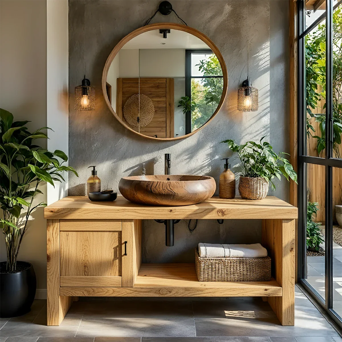Natural Solid Wood Vanity with Door Cabinet & Open Shelf - Rustira