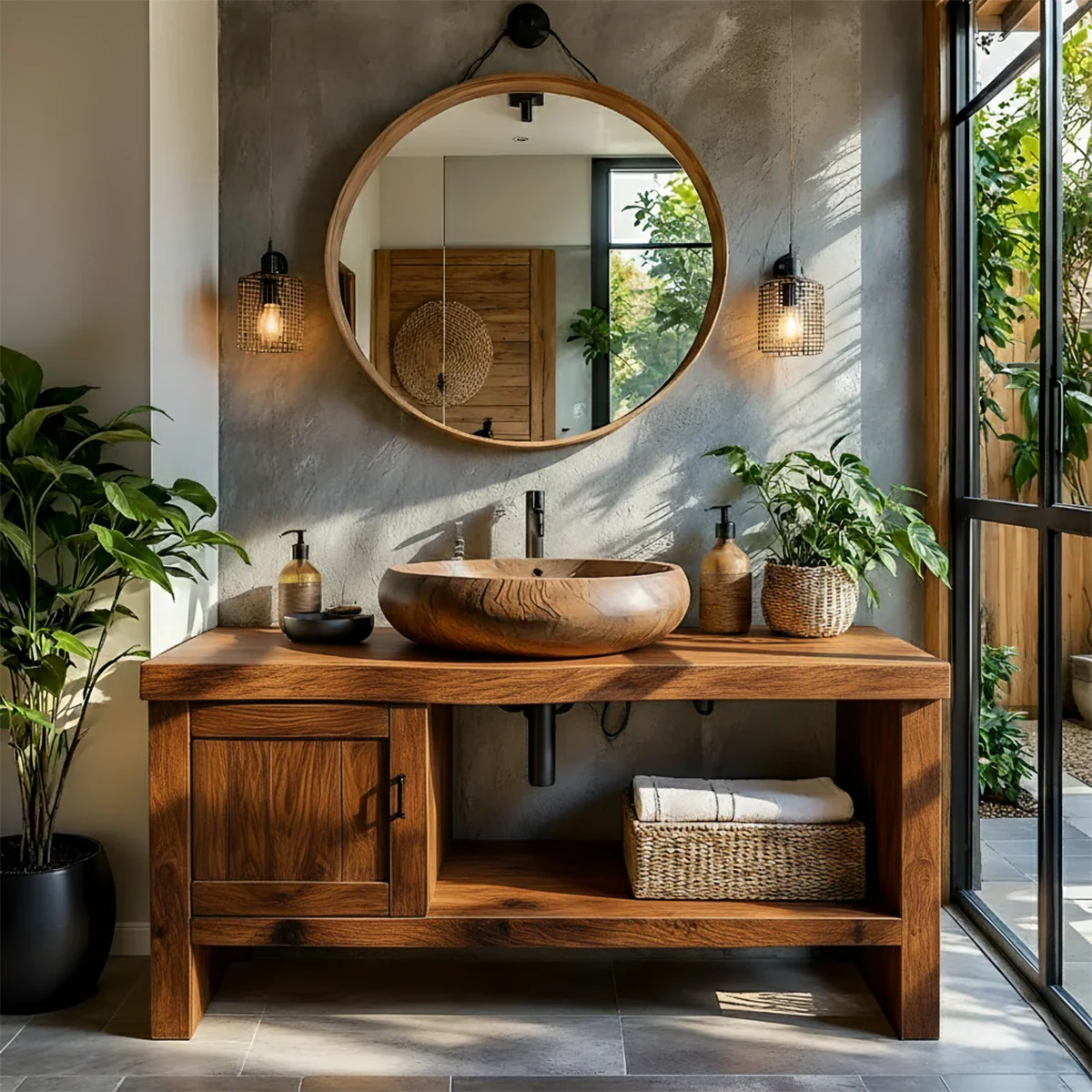 Natural Solid Wood Vanity with Door Cabinet & Open Shelf - Rustira