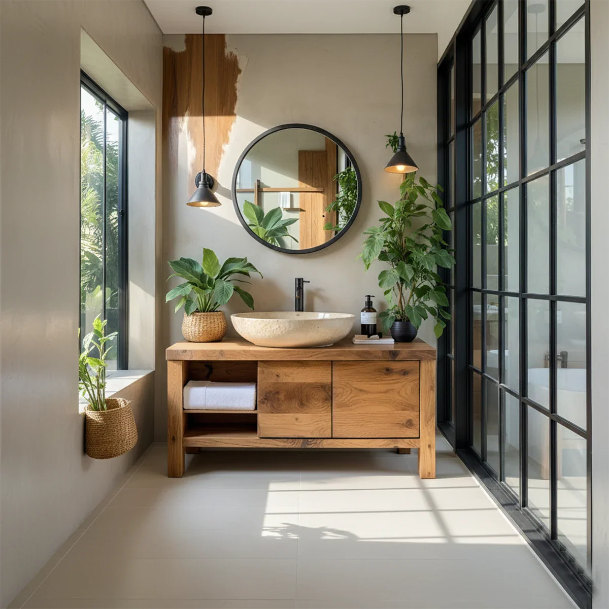 Natural Solid Wood Vanity with Open Shelf & Smooth Grain Doors - Rustira