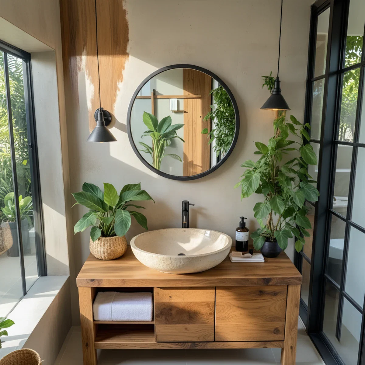 Natural Solid Wood Vanity with Open Shelf & Smooth Grain Doors - Rustira