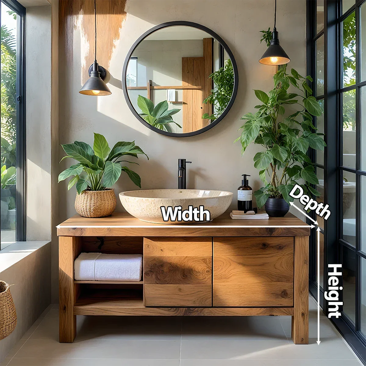 Natural Solid Wood Vanity with Open Shelf & Smooth Grain Doors - Rustira